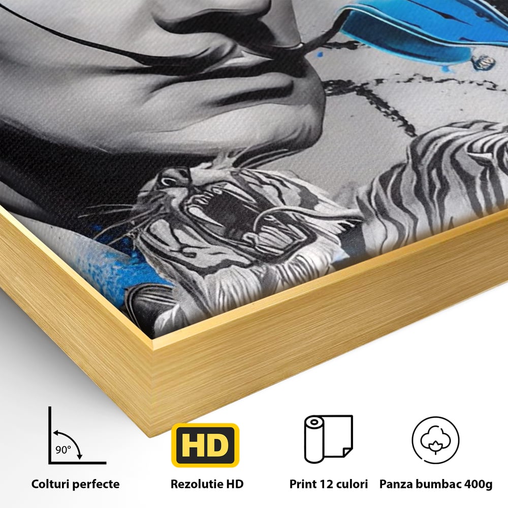 Detaliu al suprafetei: tablou canvas cu salvador dali si tigri, in rama de aluminiu auriu